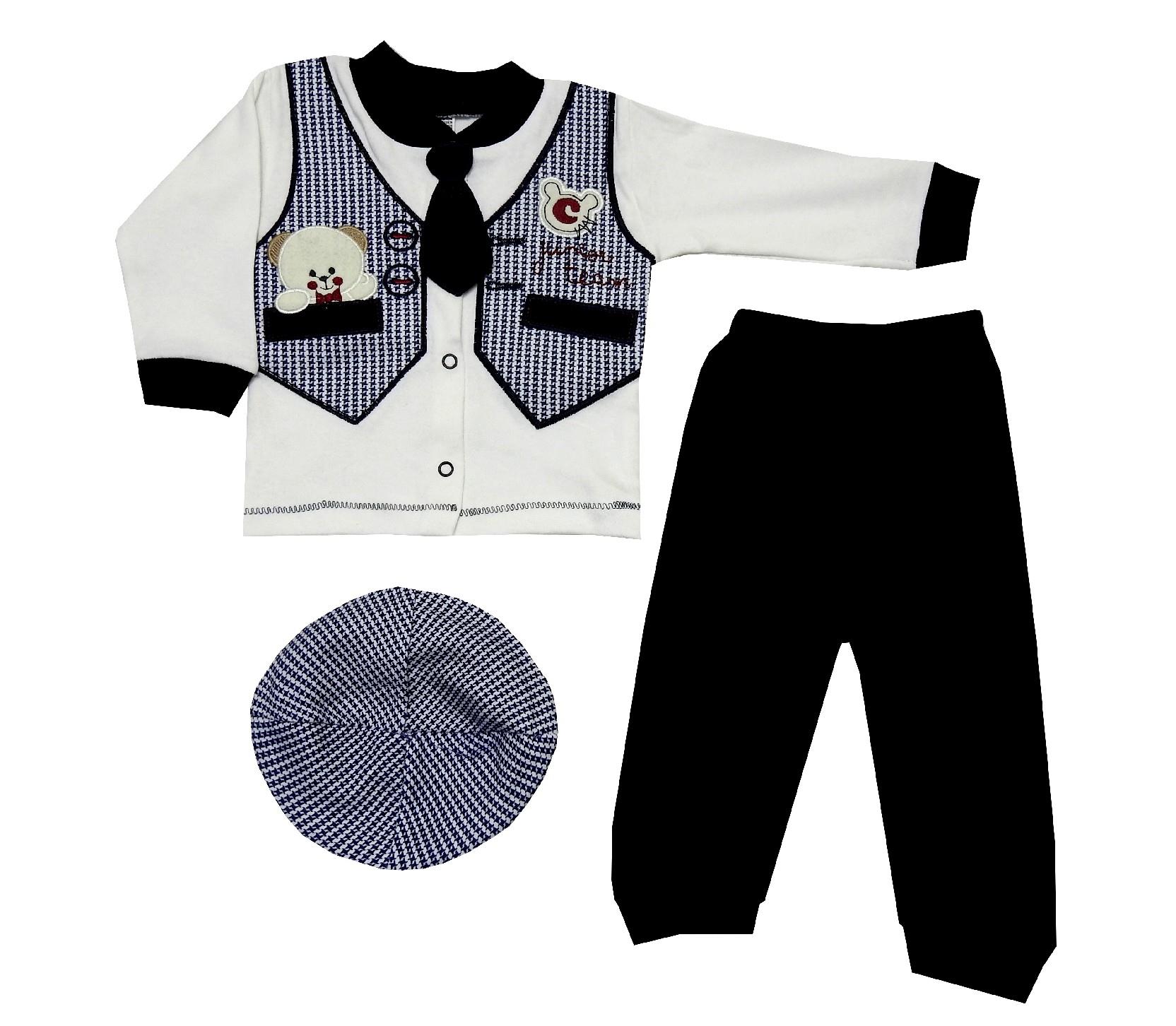 222 Üçlü Zıbın Seti Kaz Ayağı Kravatlı 3-6 Ay