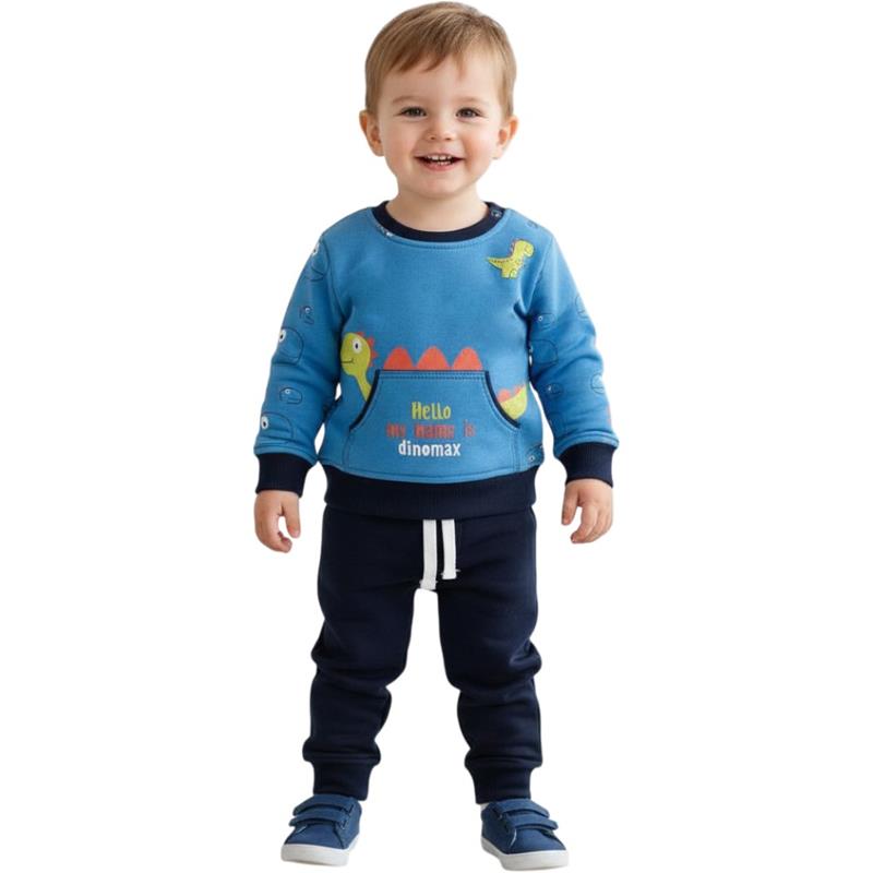 2389 toptan 6-9-12-18 aylık erkek çocuklar için üç iplikli kumaştan üretilmiş polar astarlı kışlık iki parçalı takım elbise