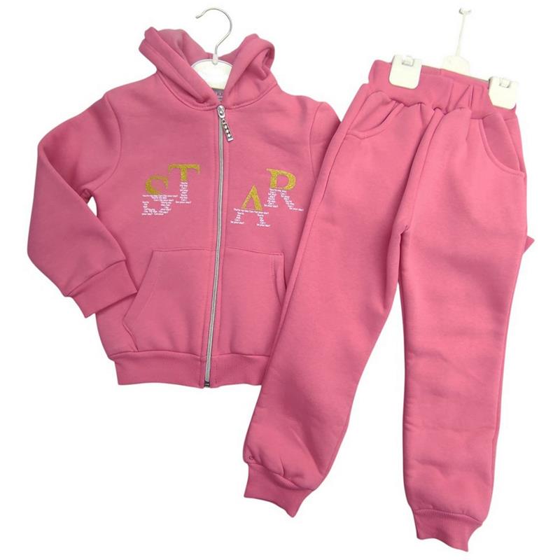 2689 toptan 5-6-7-8 yaş kız çocuklar için üç iplik şardonlu ikili kapüşonlu takım 