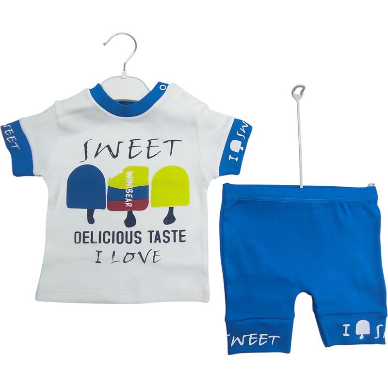 002 toptan 12-18-24 aylık erkek bebekler için tişörtü şortlu yazlık ikili takım 