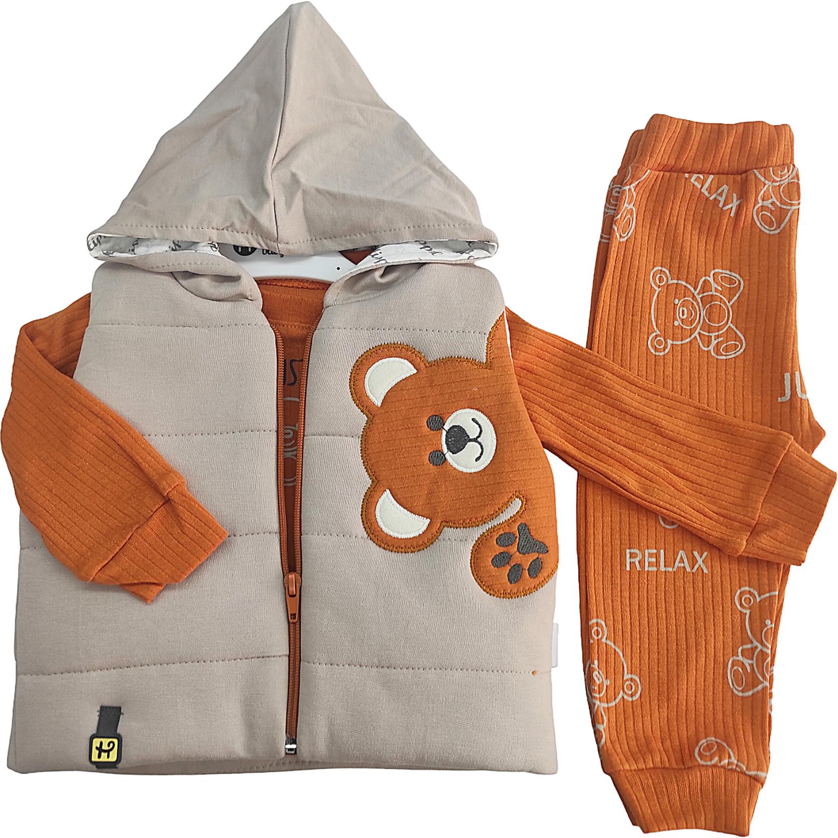 5045 оптом детские демисезонные костюмы тройки с жилетом с капюшоном для младенцев на 6-9-12 месяцев