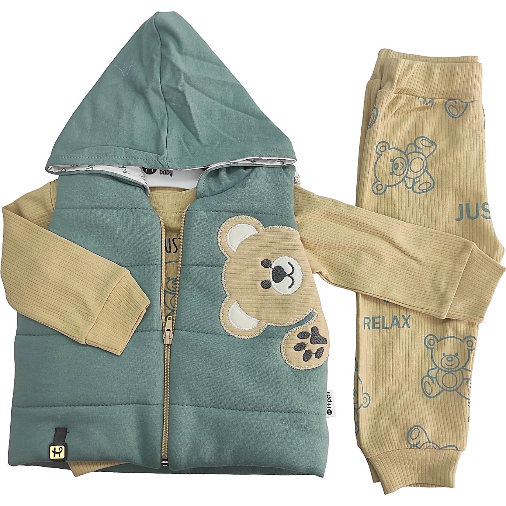 5045 оптом детские демисезонные костюмы тройки с жилетом с капюшоном для младенцев на 6-9-12 месяцев