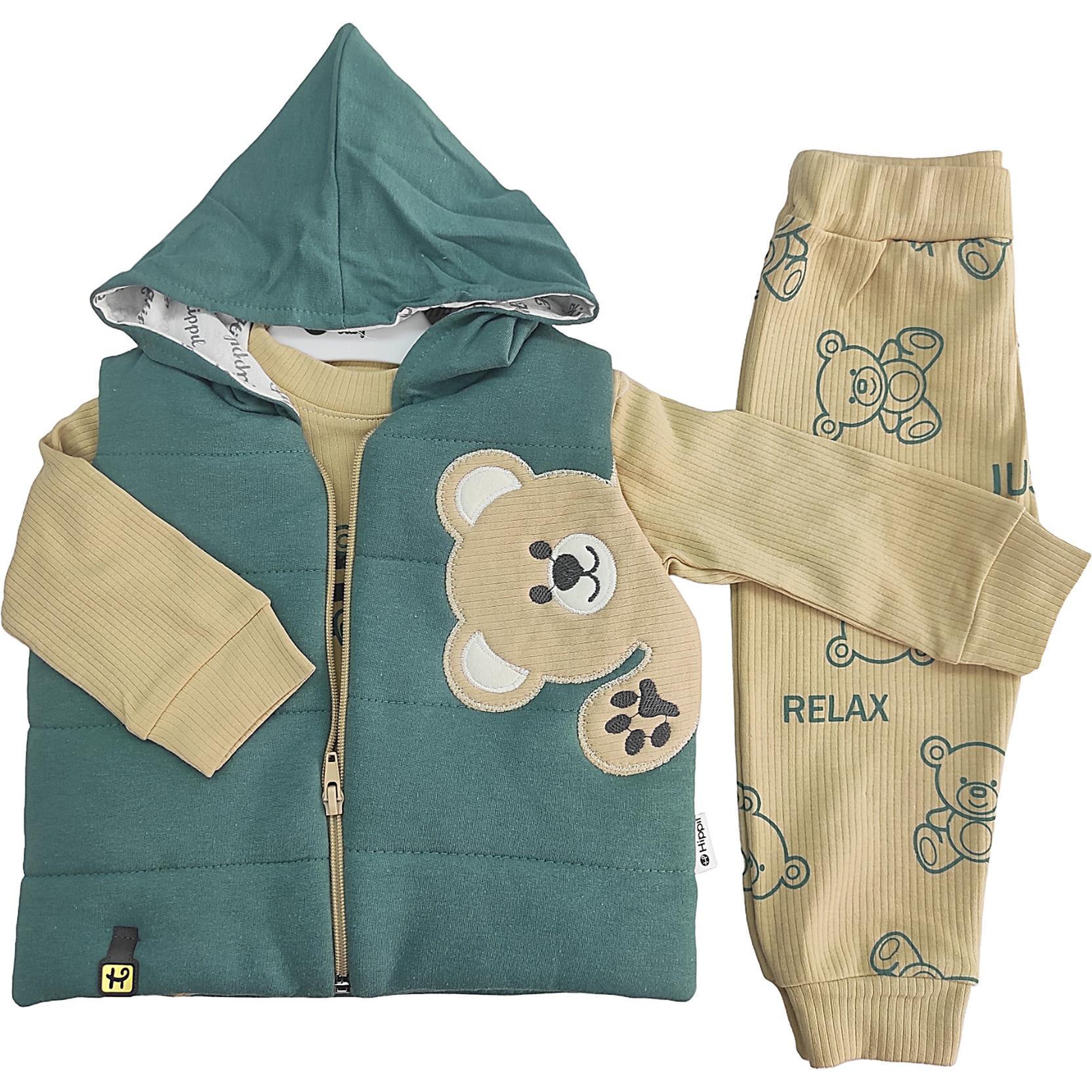 5045 оптом детские демисезонные костюмы тройки с жилетом с капюшоном для младенцев на 6-9-12 месяцев