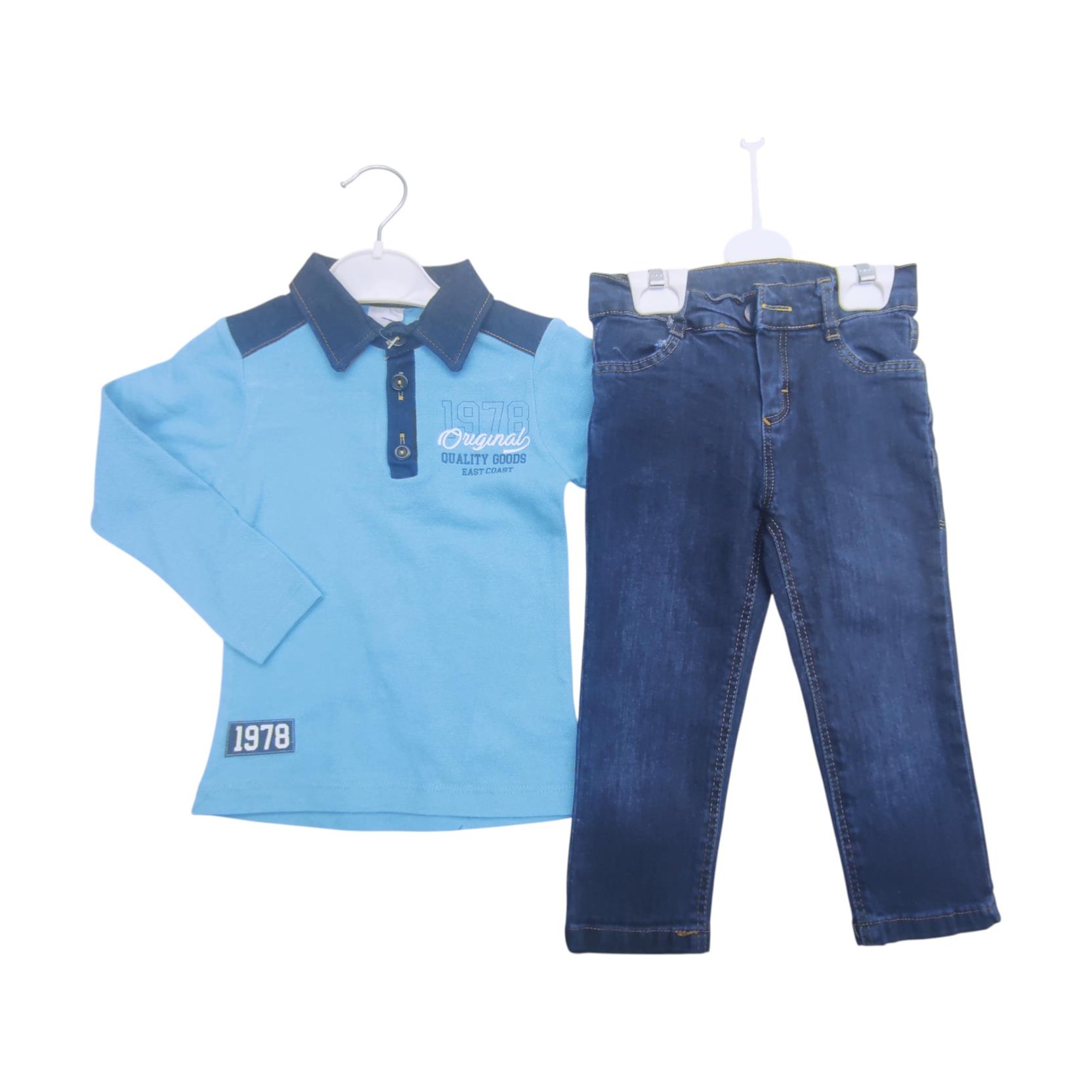 2774 wholesale children's spring-autumn T-shirts with a polo collar and denim trousers for boys aged 2/5