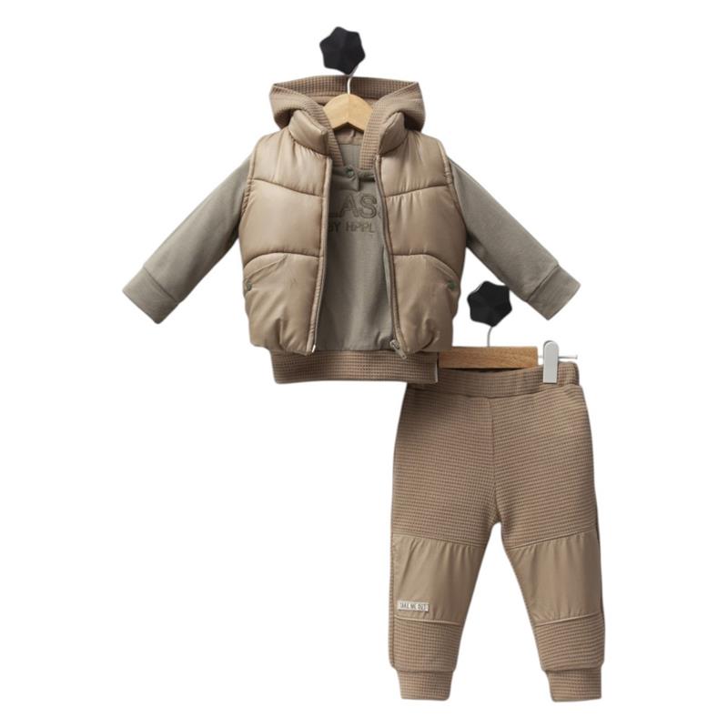 5101 toptan 6-9-12 aylık çocuklar için kapüşonlu yelekli toptan ilkbahar-sonbahar üç parçalı takım