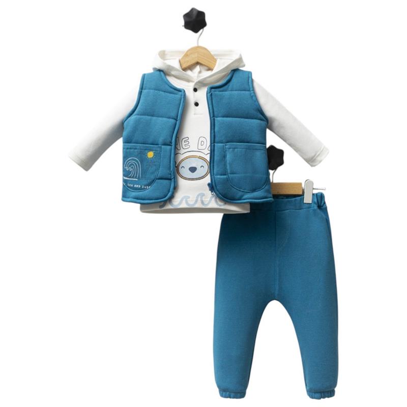 5185 toptan 6-9-12 aylık çocuklar için kapüşonlu yelekli mevsimlik üç parçalı takım 
