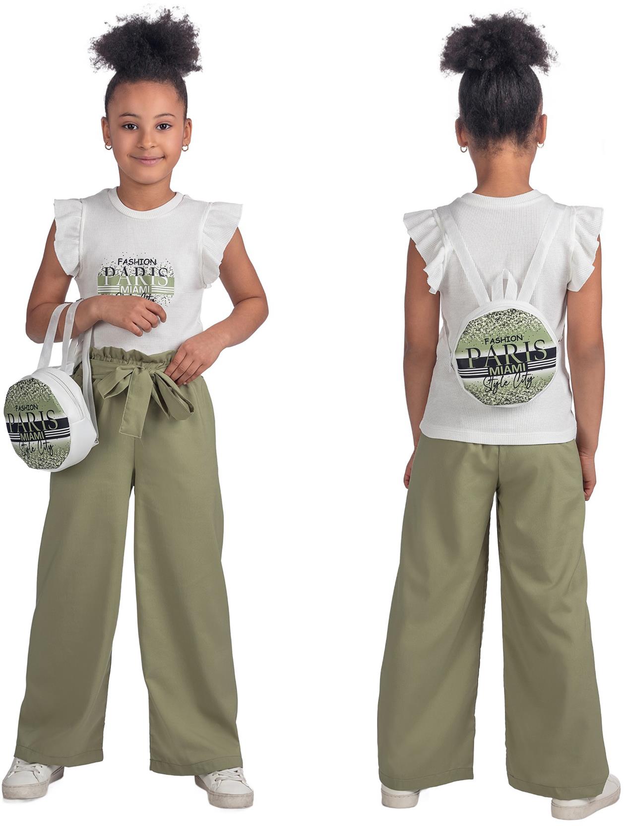 9034 оптом детские летние костюмы двойки с сумочкой,футболки с брюками для девочек на 3/6 лет