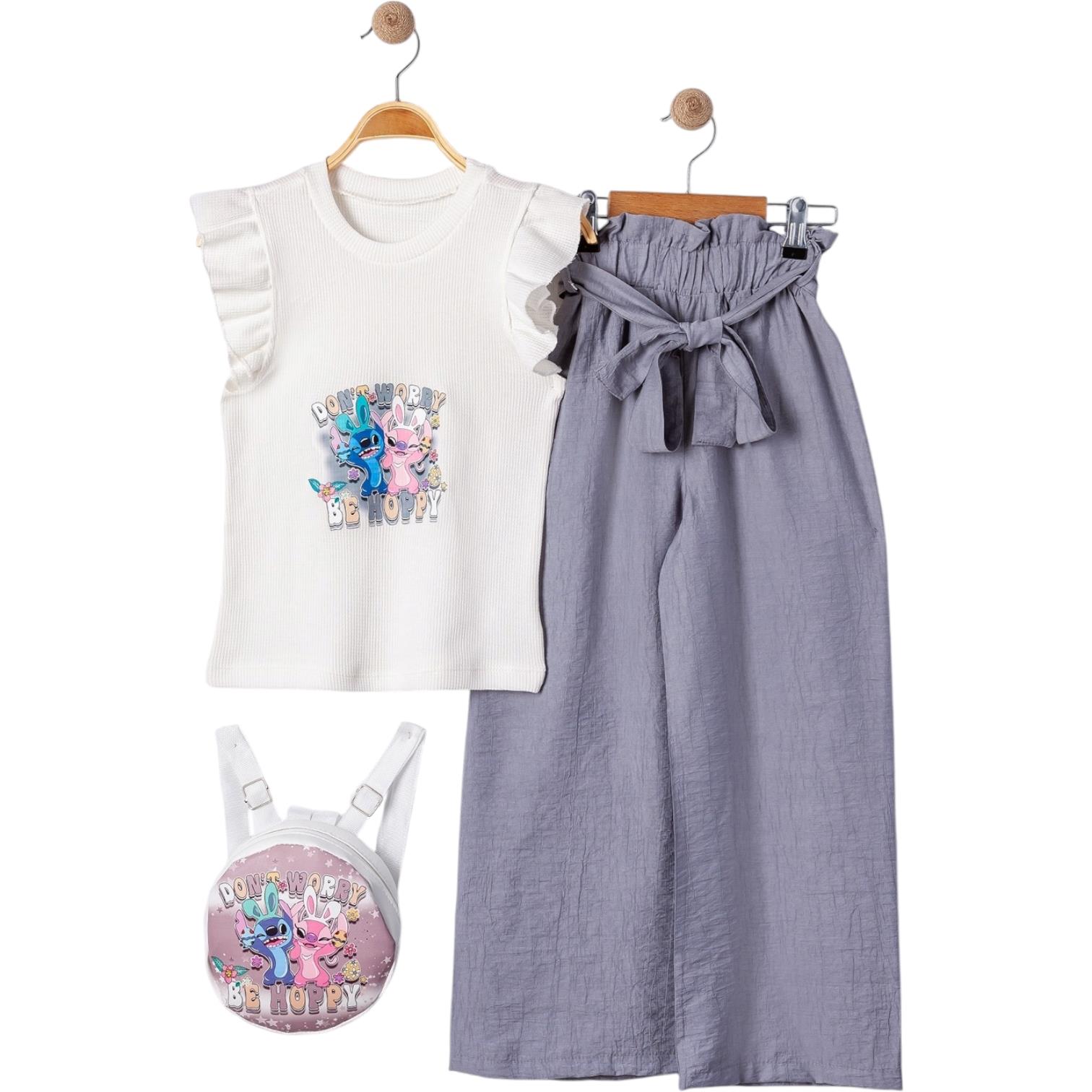 9034 оптом детские летние костюмы двойки с сумочкой,футболки с брюками для девочек на 3/6 лет