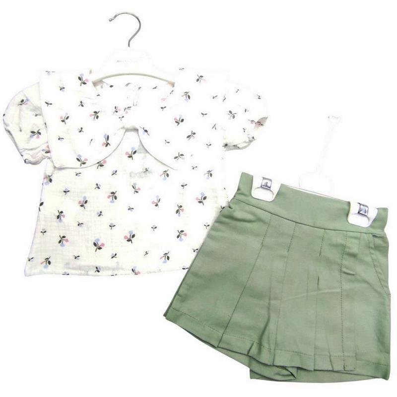 4350 toptan 2/5 yaş kız çocuklar için yazlık ikili takım, pileli şortlu bluzlar