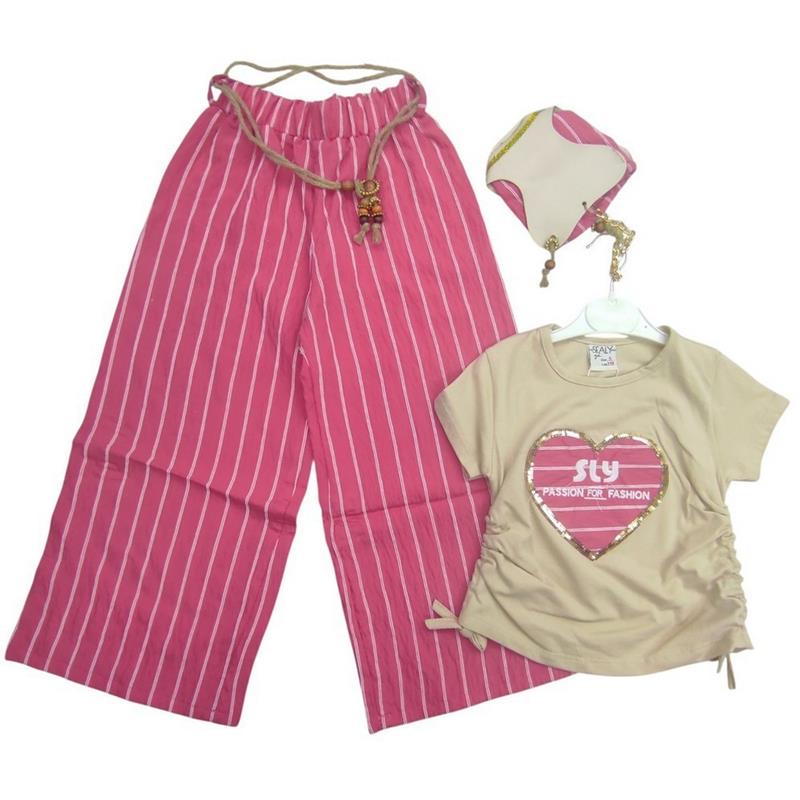 12140 toptan 5/8 yaş arası kız çocuklar için  tişörtlü pantolonlu ve çantalı yaz çocuk takım