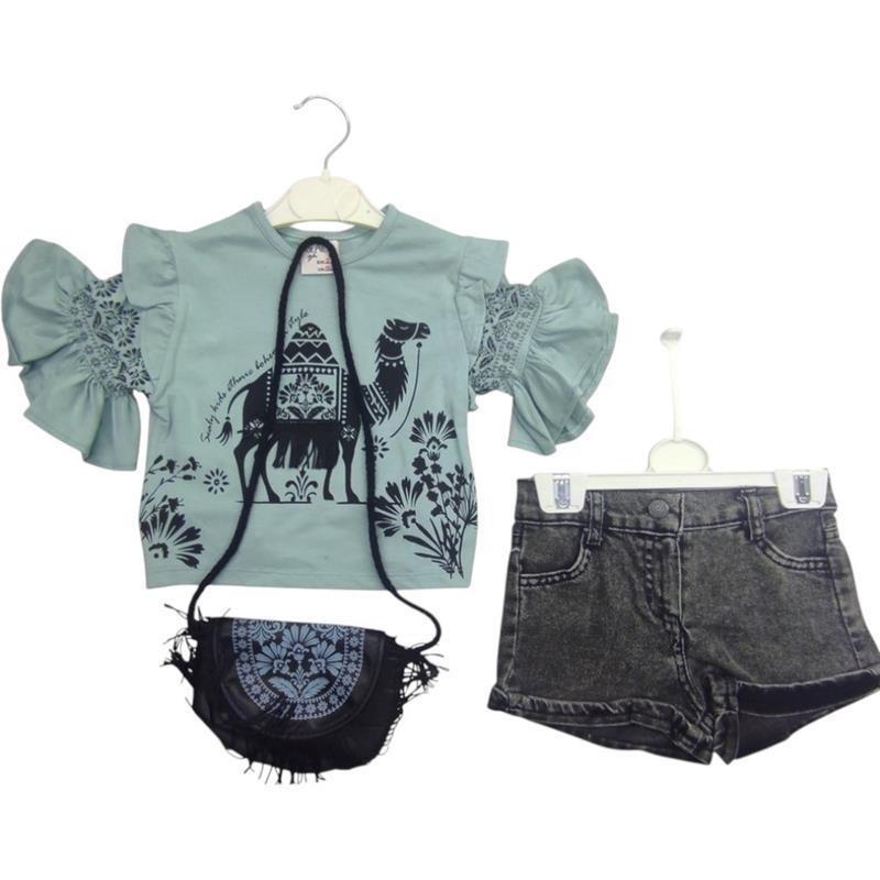 12208 toptan 2/5 yaş kız çocuklar için yazlık kot şortlu bluz ve çantalı ikili takım