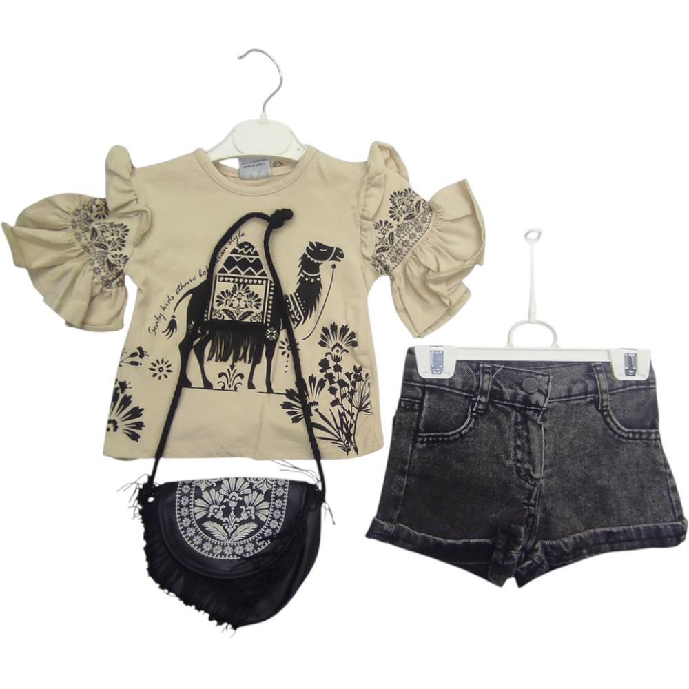 12208 الجملة الأطفال الصيف قطعتين الدعاوى ، بلوزة مع الدنيم السراويل و حقيبة يد للفتيات الذين تتراوح أعمارهم بين 2/5