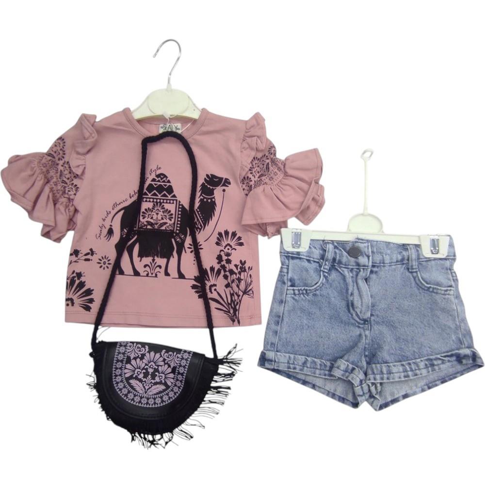 12208 الجملة الأطفال الصيف قطعتين الدعاوى ، بلوزة مع الدنيم السراويل و حقيبة يد للفتيات الذين تتراوح أعمارهم بين 2/5