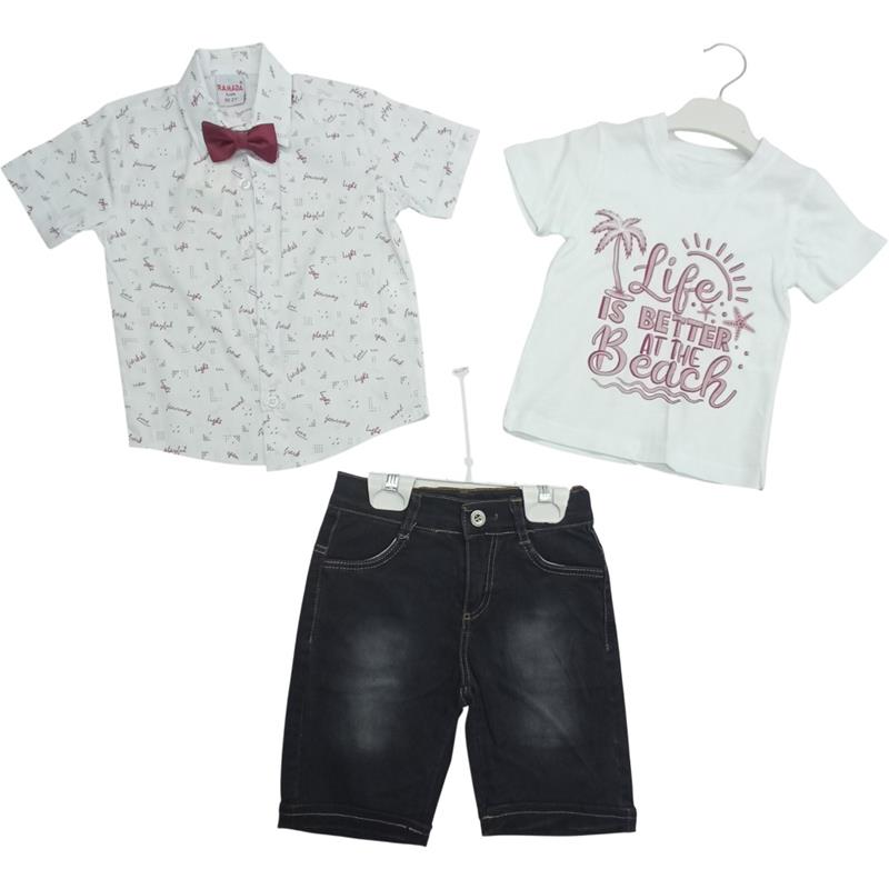 2899 toptan 2/5 yaş erkek çocuklar için papyonlu gömlek,tişörtlü,kaprili yazlık üçlü takım elbise