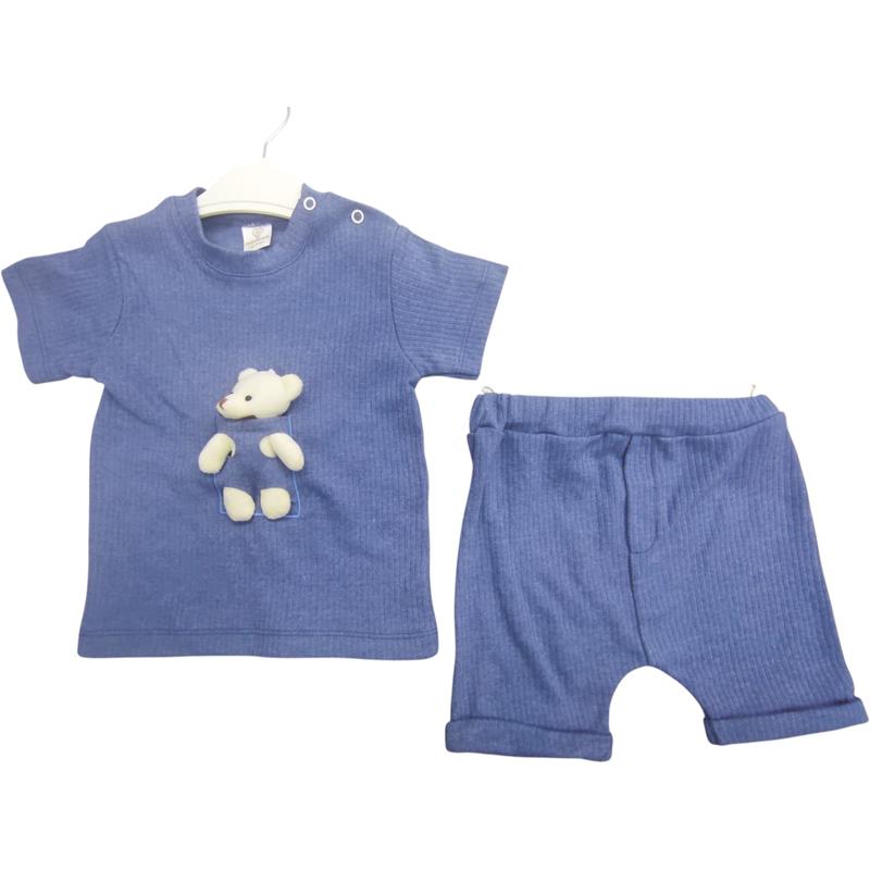 8359 toptan 9/24 aylık erkek çocuklar için oyuncak ayıcıklı yazlık ikili takım 