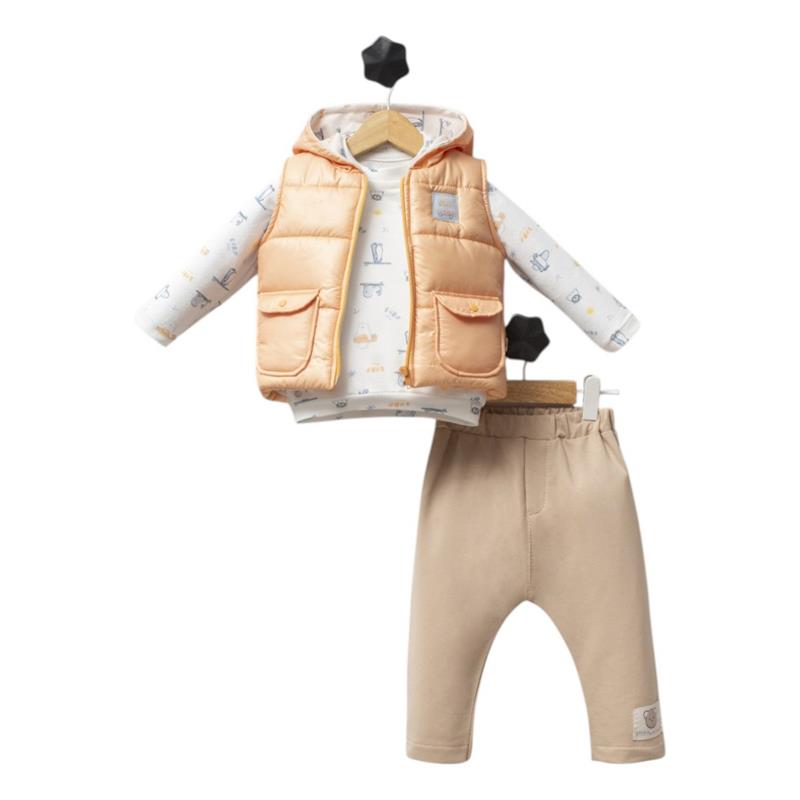 5183 toptan 6-9-12 aylık çocuklar için kapüşonlu yelekli mevsimlik üç parçalı takım 