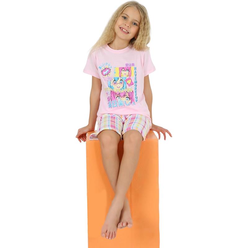 28546 toptan 6/9 yaş kız çocukları için HAVE MORE FUN baskılı pijama takımı