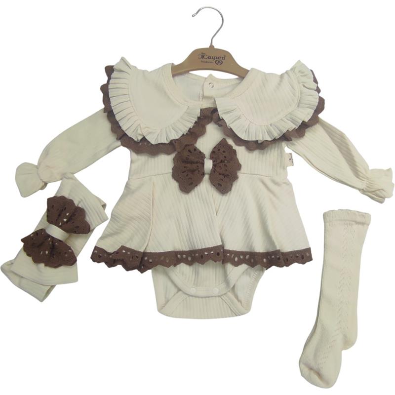 1078 toptan 3-6-9 aylık kızlar için çoraplı ve saç boneli bodisuit li çocuk elbiseleri