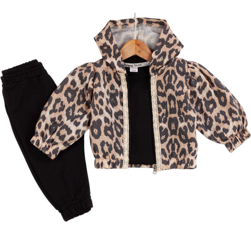 40829 leopar baskı kapşonlu kız bebek kıyafeti toptan 6/24 ay