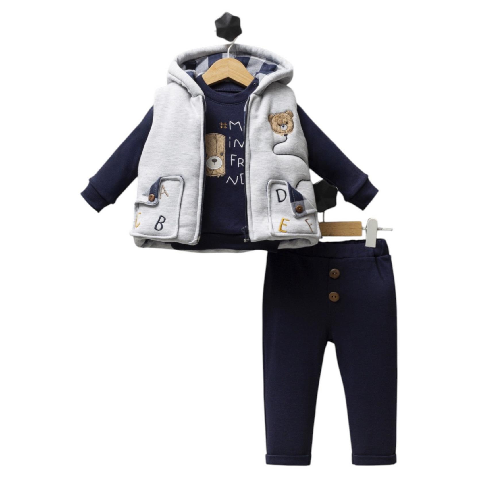 5200 toptan  6-9-12 aylık çocuklar için kapüşonlu yelekli mevsimlik üç parçalı takım 