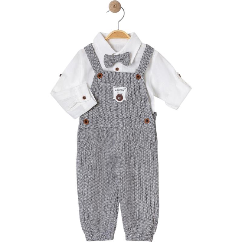 2821 toptan 9/24 aylık erkek çocuk ilkbahar sonbahar gömlekli,papyonlu salopet