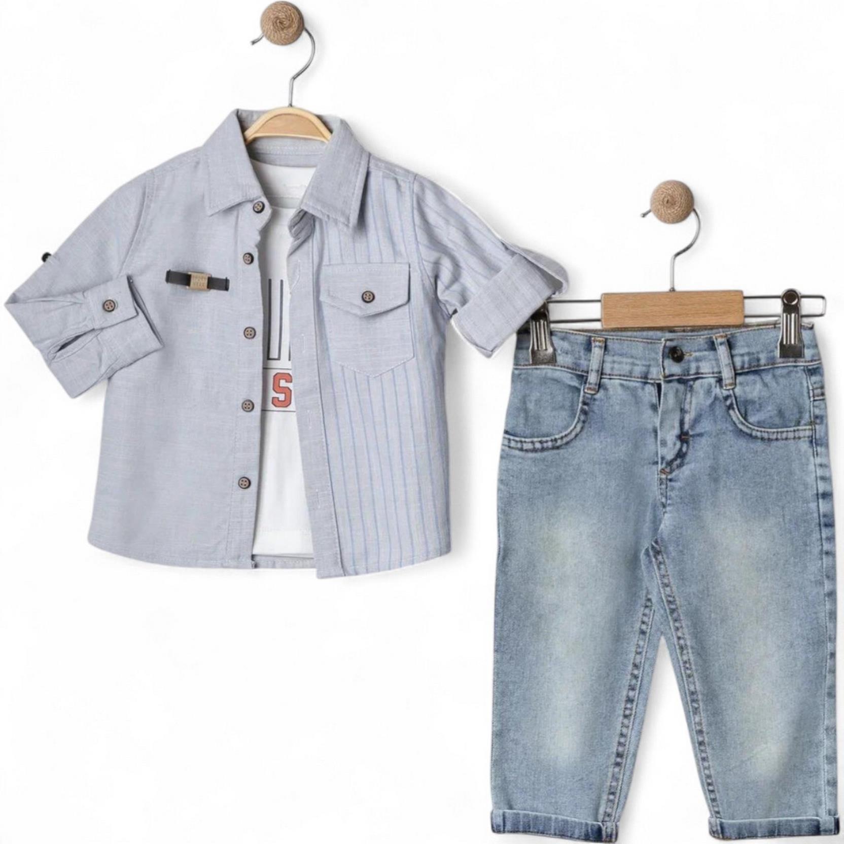 6008 wholesale 2/5 year old boys seasonal three-piece suit with shirt, jeans,T-shirt