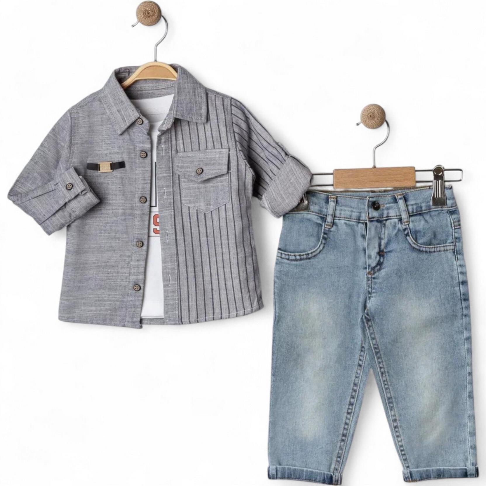 6008 wholesale 2/5 year old boys seasonal three-piece suit with shirt, jeans,T-shirt