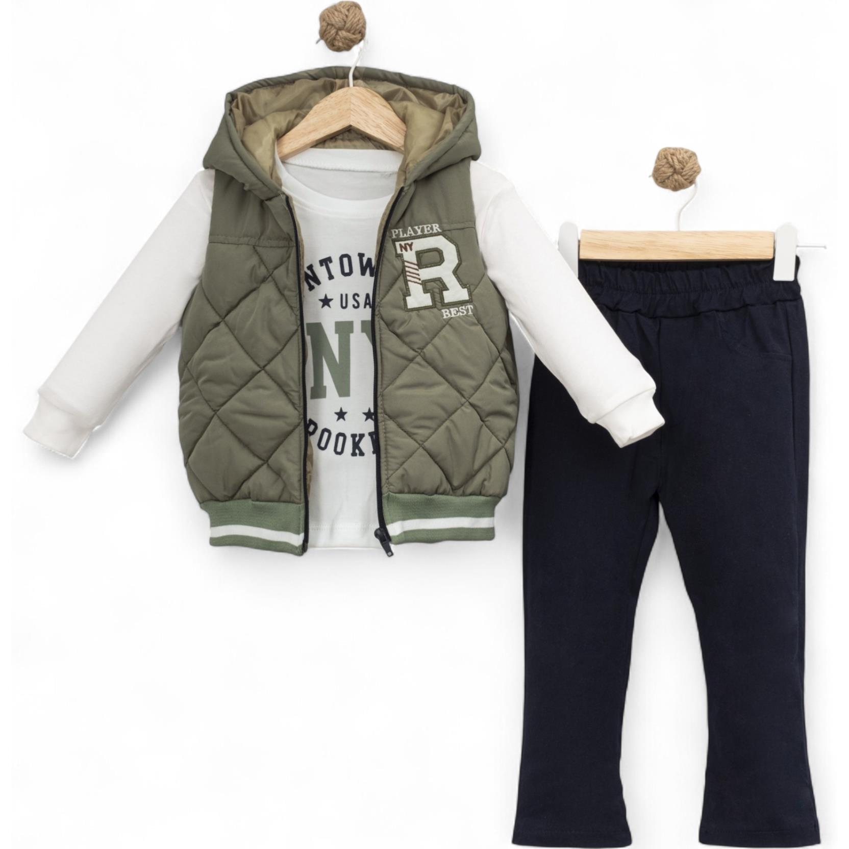 1115 wholesale children's spring-autumn three-piece suits with denim trousers and a hooded vest for boys 2/5 years old