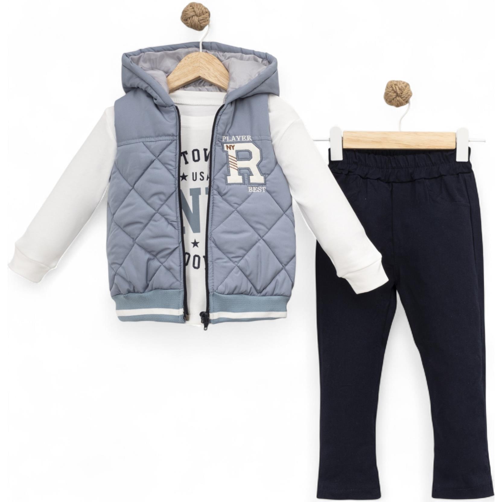 1115 wholesale children's spring-autumn three-piece suits with denim trousers and a hooded vest for boys 2/5 years old