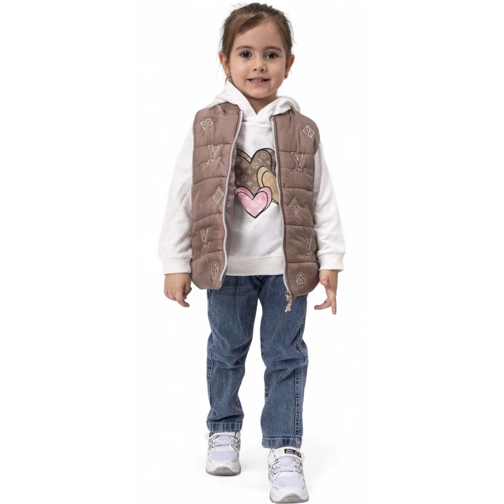 1114 wholesale children's spring-autumn three-piece suits with denim trousers and a hooded vest for girls aged 2/5 years