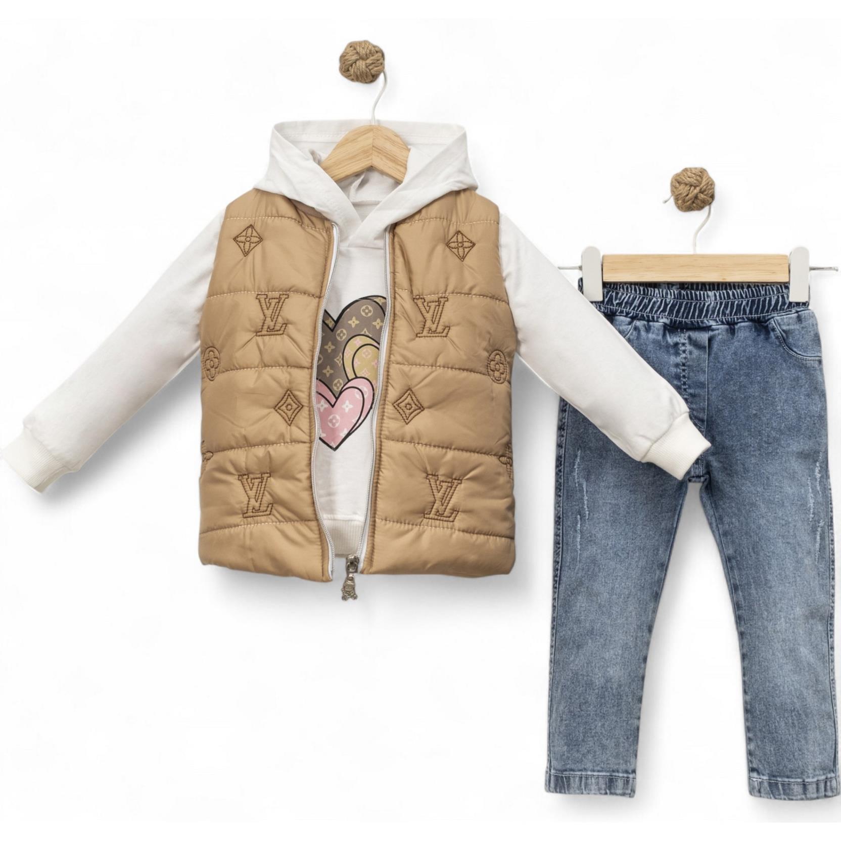 1114 wholesale children's spring-autumn three-piece suits with denim trousers and a hooded vest for girls aged 2/5 years