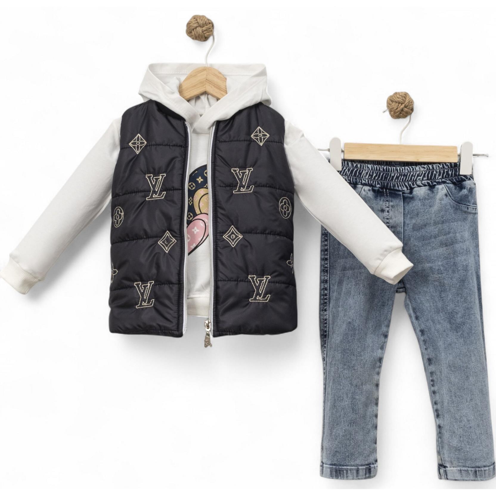 1114 wholesale children's spring-autumn three-piece suits with denim trousers and a hooded vest for girls aged 2/5 years