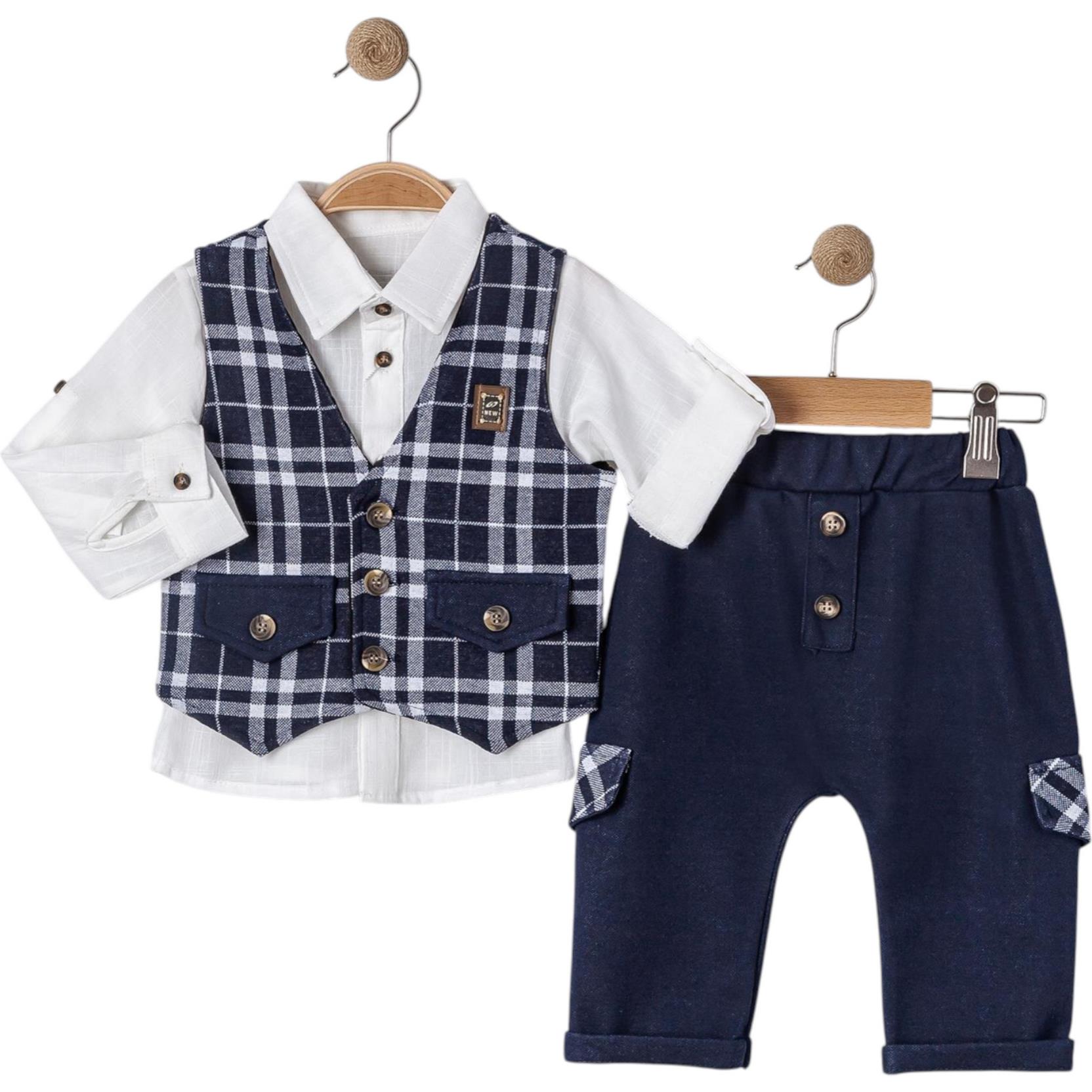 6028 toptan 9/24 aylık erkek bebekler için kare desenli yelekli üçlü takım