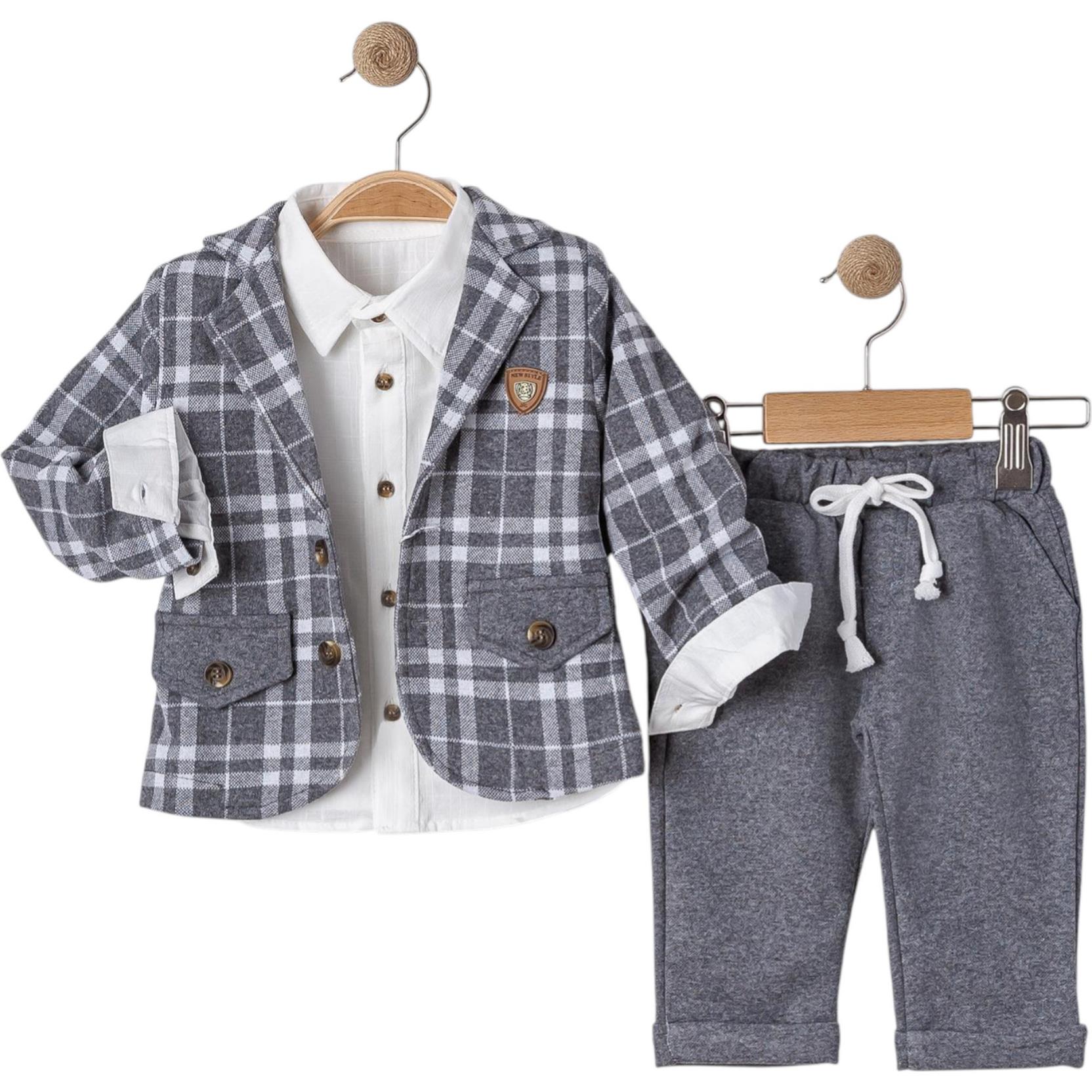 6026 toptan 9/24 aylık erkek bebekler için kare desenli ceketli üçlü takım elbise 