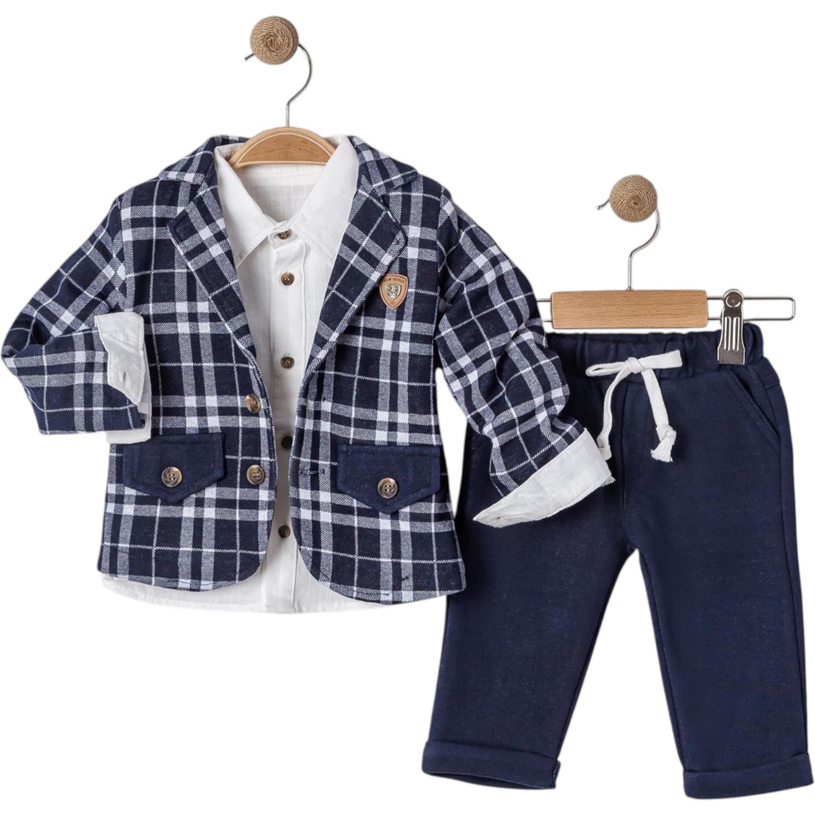 6026 toptan 9/24 aylık erkek bebekler için kare desenli ceketli üçlü takım elbise