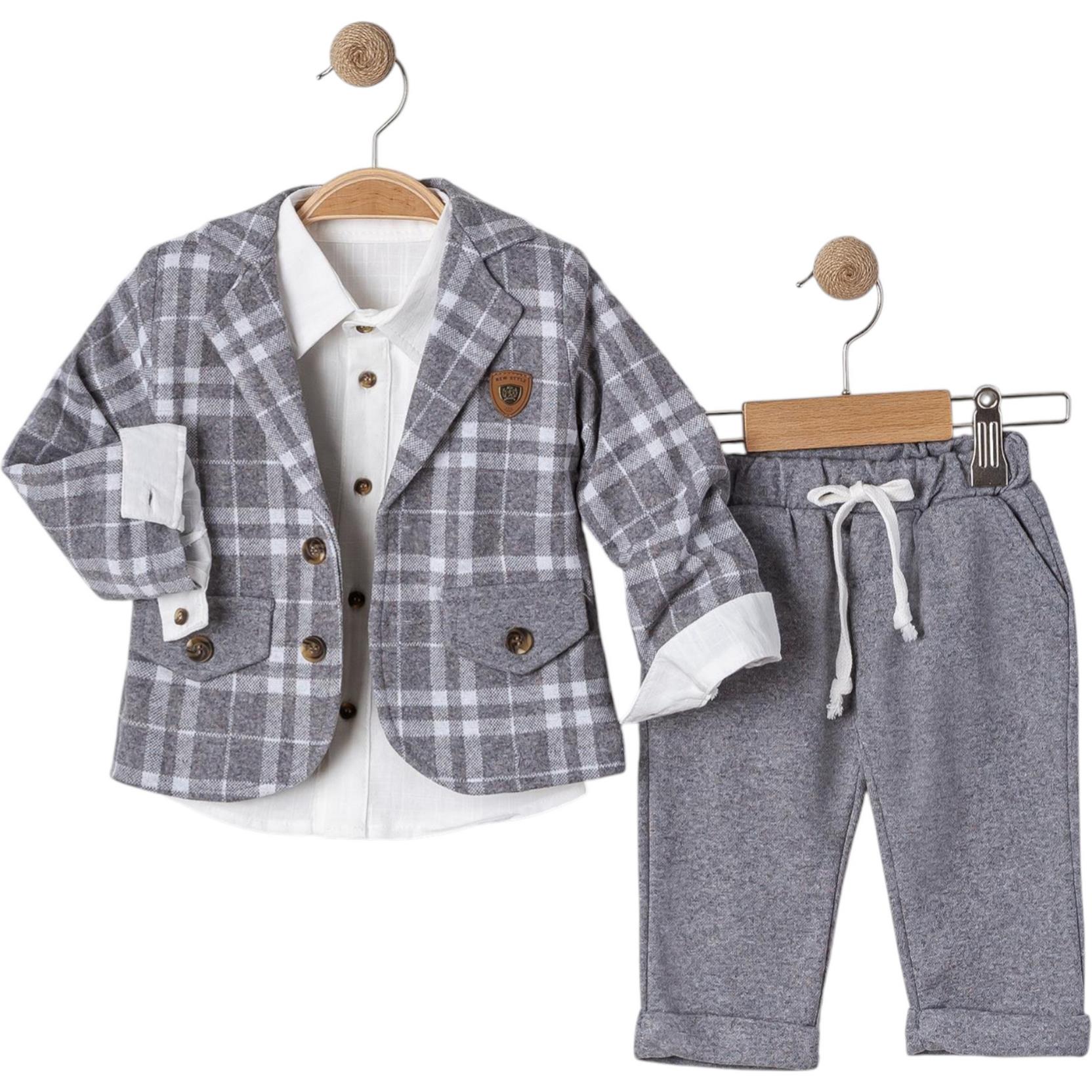 6026 toptan 9/24 aylık erkek bebekler için kare desenli ceketli üçlü takım elbise