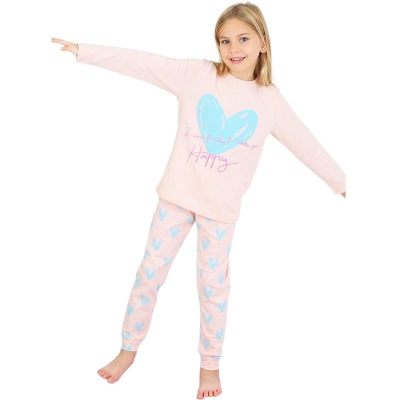 67668 toptan 6/9 yaş kızlar için HAPPY HEART baskılı çocuk ilkbahar ve sonbahar pijamaları
