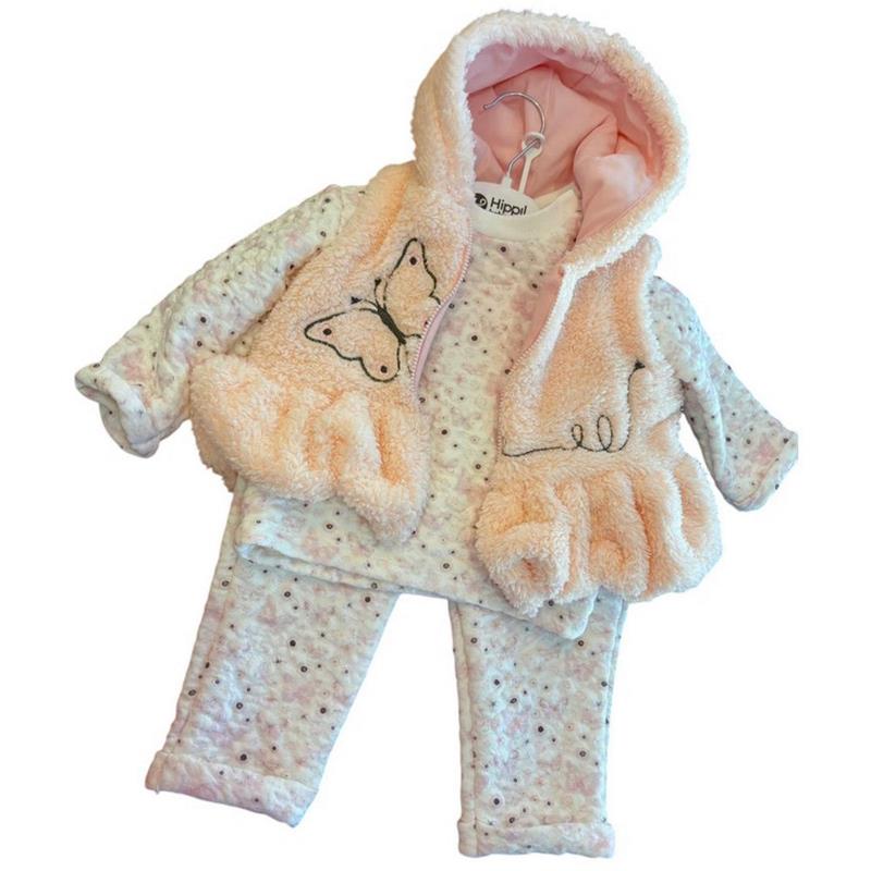 5214 toptan 6-9-12 aylık kız bebekler için kışlık yelekli üçlü takımlar