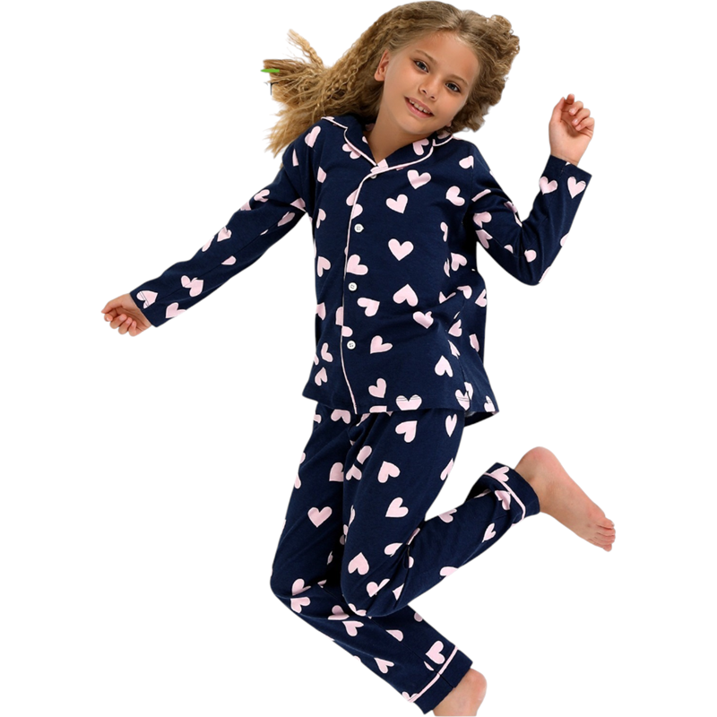 92219 toptan 4/7 yaş arası kız çocuklar için düğmeli mevsimlik pijamalar