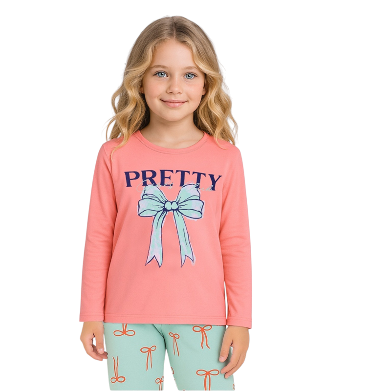 99362 toptan 2/5 yaş arası kız çocuklar için PRETTY baskılı mevsimlik pijamalar  