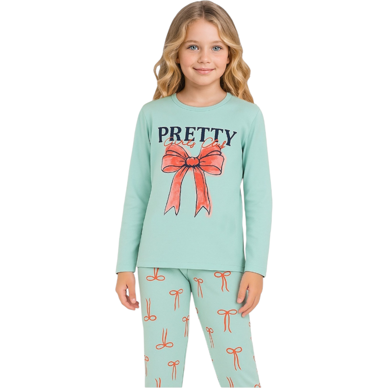 99416 toptan 6/9 yaş arası kız çocuklar için PRETTY baskılı mevsimlik pijamalar