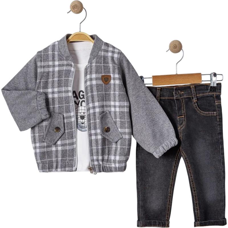 6027 toptan 9/24 aylık erkek çocuklar için üç parçalı kot pantolonlu takımlar mevsimlik takım elbise