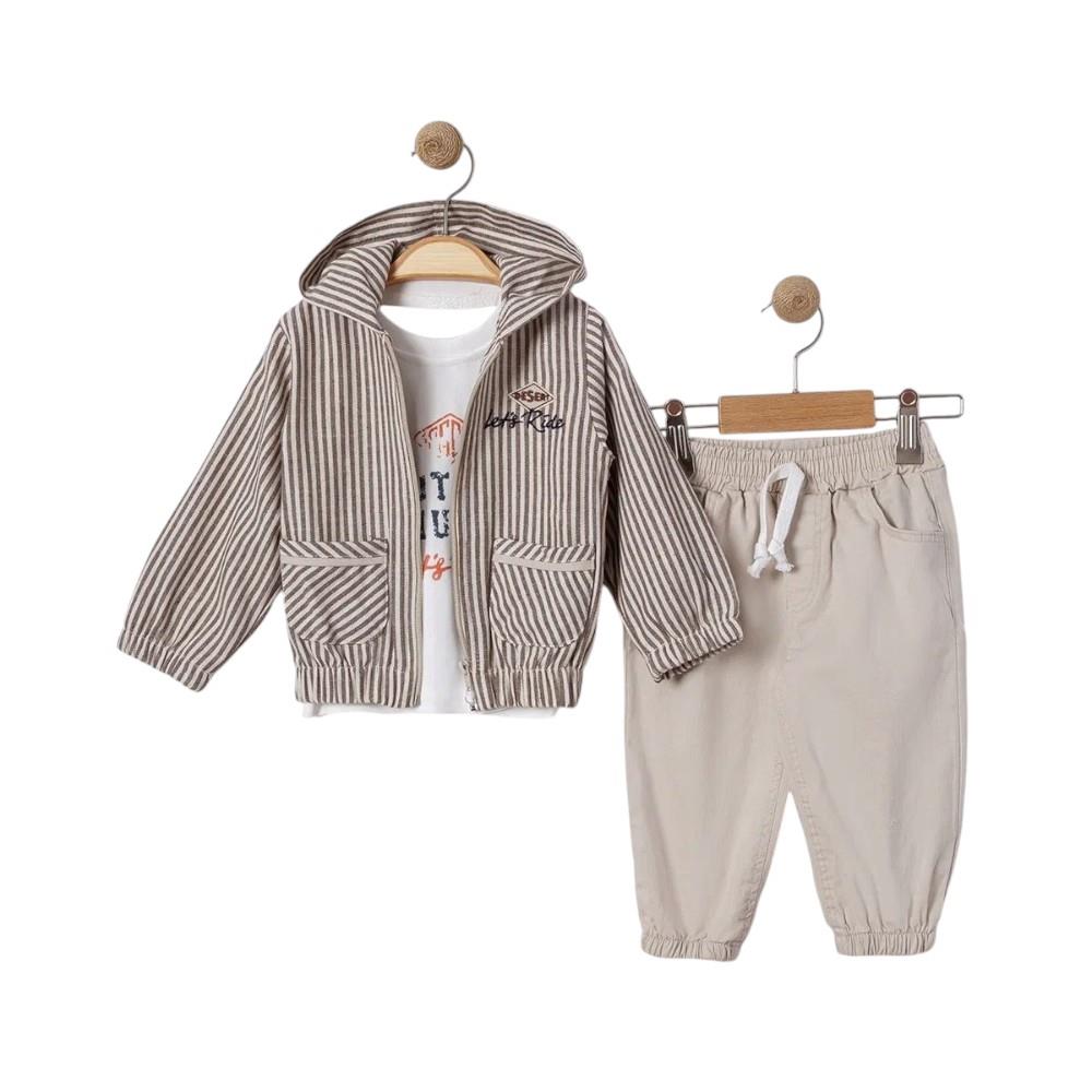 6060 wholesale spring-autumn three-piece striped suit with T-shirt for boys aged 9 to 24 months