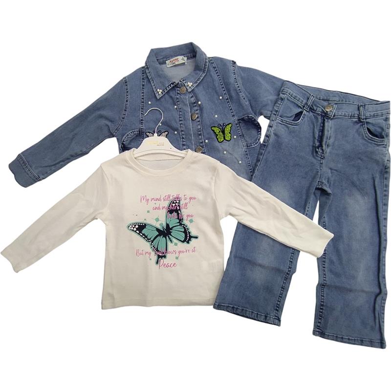 toptan 5/8 yaş erkek çocuklar için mevsimlik tişörtlü üçlü kot takım