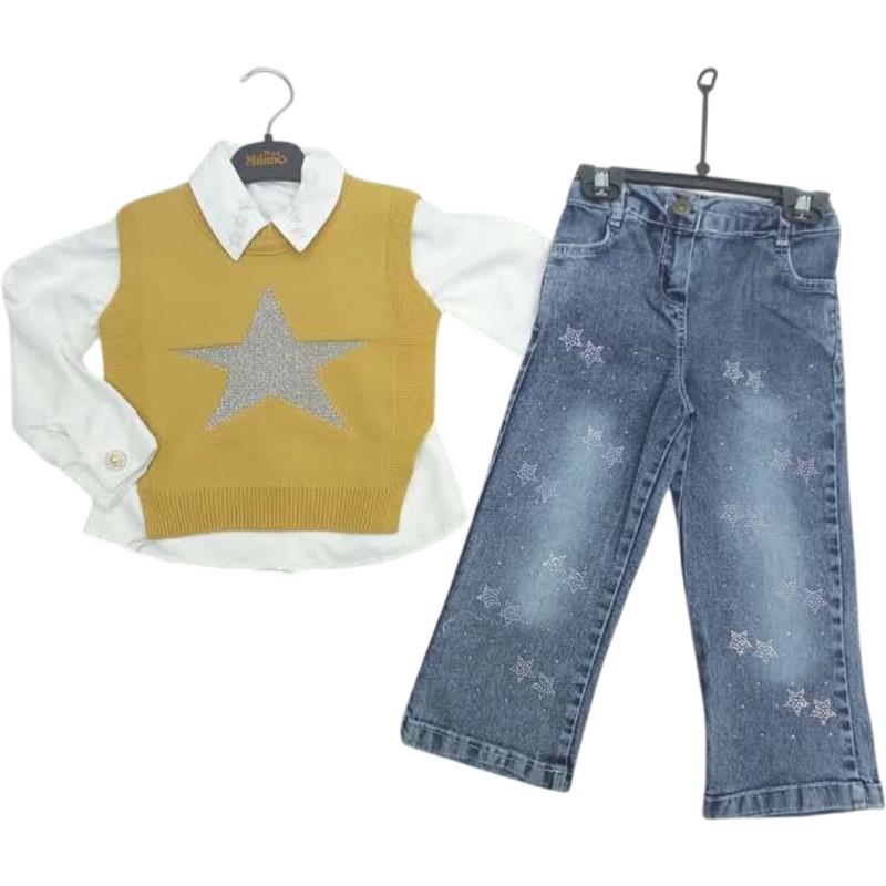 1483 toptan 3-6 yaş arası kız çocuklar için kot pantolonlu mevsimlik üç parçalı takım elbise