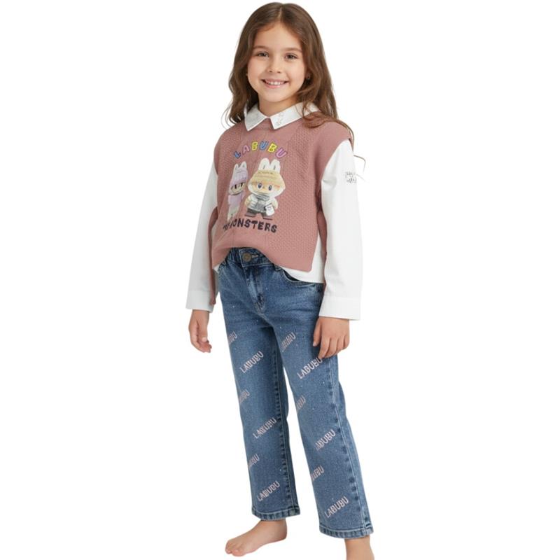 1482 toptan 3-6 yaş arası kız çocuklar için kot pantolonlu mevsimlik üç parçalı takım elbise