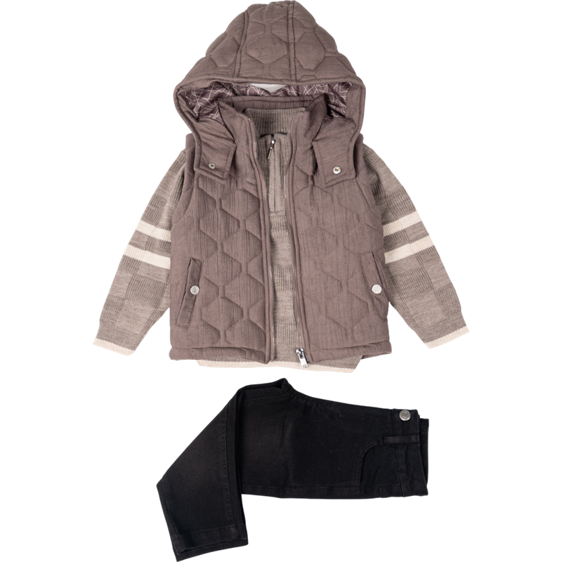 26028 toptan 6/9 yaş arası erkek çocuklar için kot pantolonlu,yelekli üç parça mevsimlik takım elbise