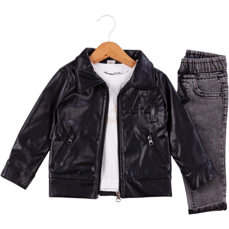 50596 toptan 6/24 aylık bebekler için kot pantolonlu,ceketli bebek üç parçalı mevsimlik takım