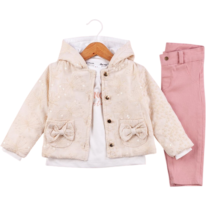 50636 toptan 6/24 aylık kız bebekler için hırkalı,tişörtlü, pantolonlu üçlü takım elbise