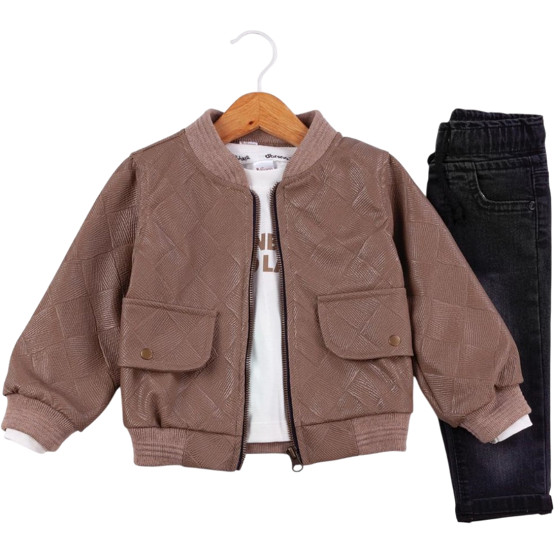 50640 toptan 6/24 aylık erkek bebekler için montlu,tişörtlü, kot pantolonlu üçlü takım elbise